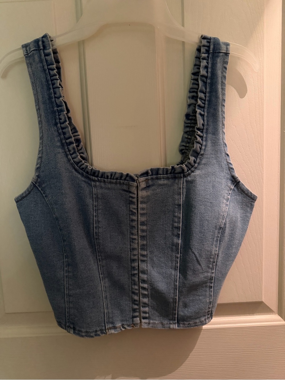 Forever 21 Light Blue Ruffle-Trim Denim Cropped Tank